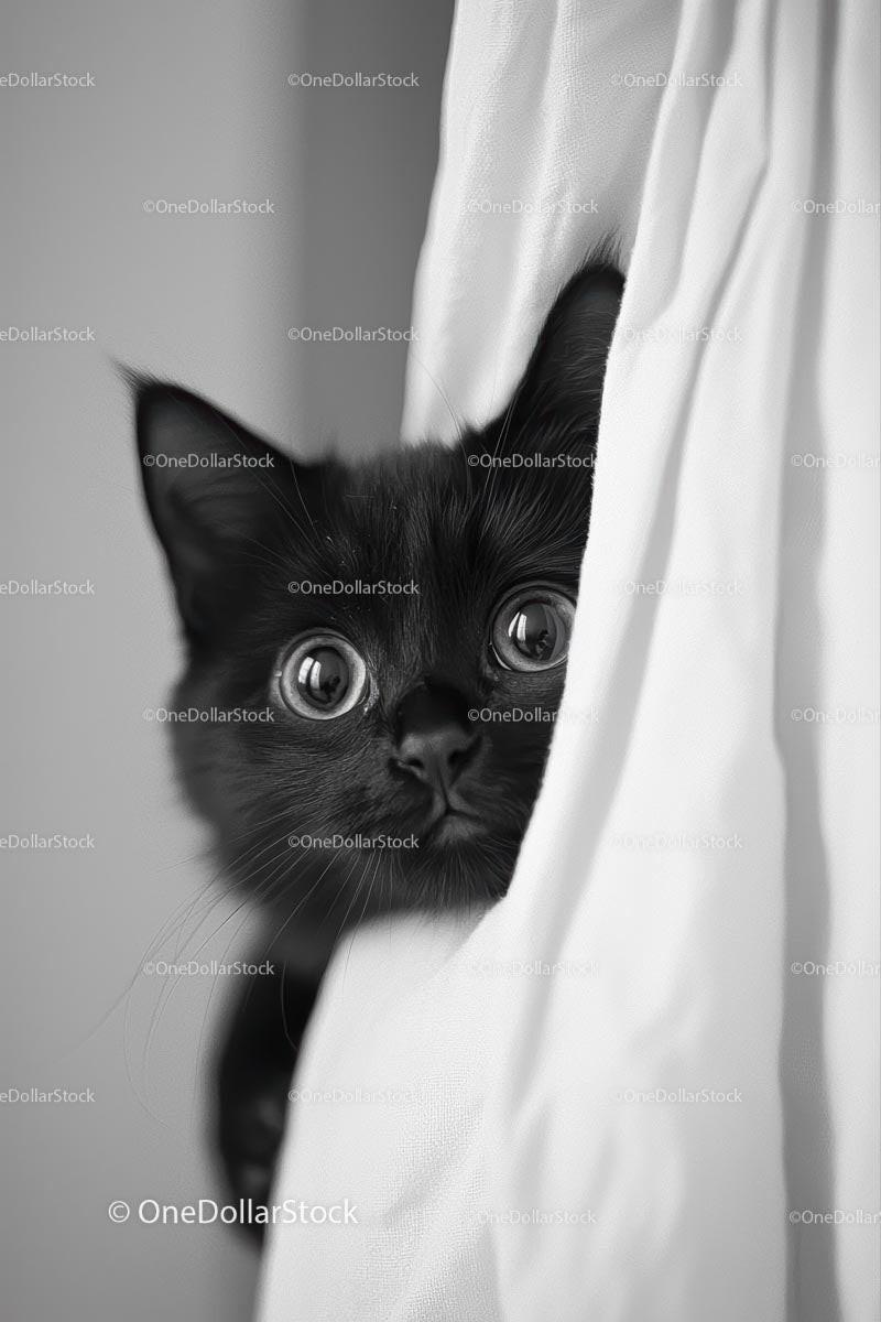 Curious Black Kitten Peeking from White Curtains