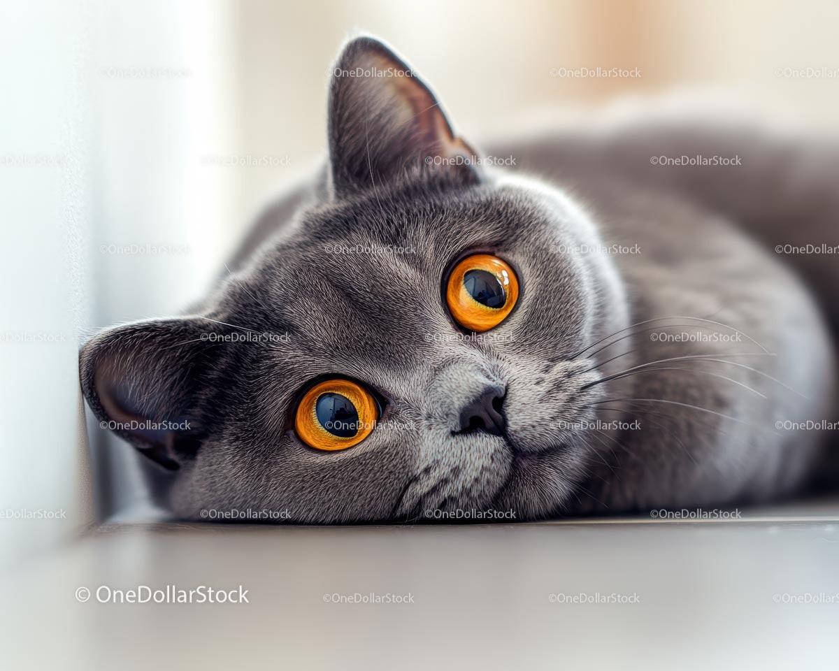 British Shorthair with Striking Orange Eyes Relaxing