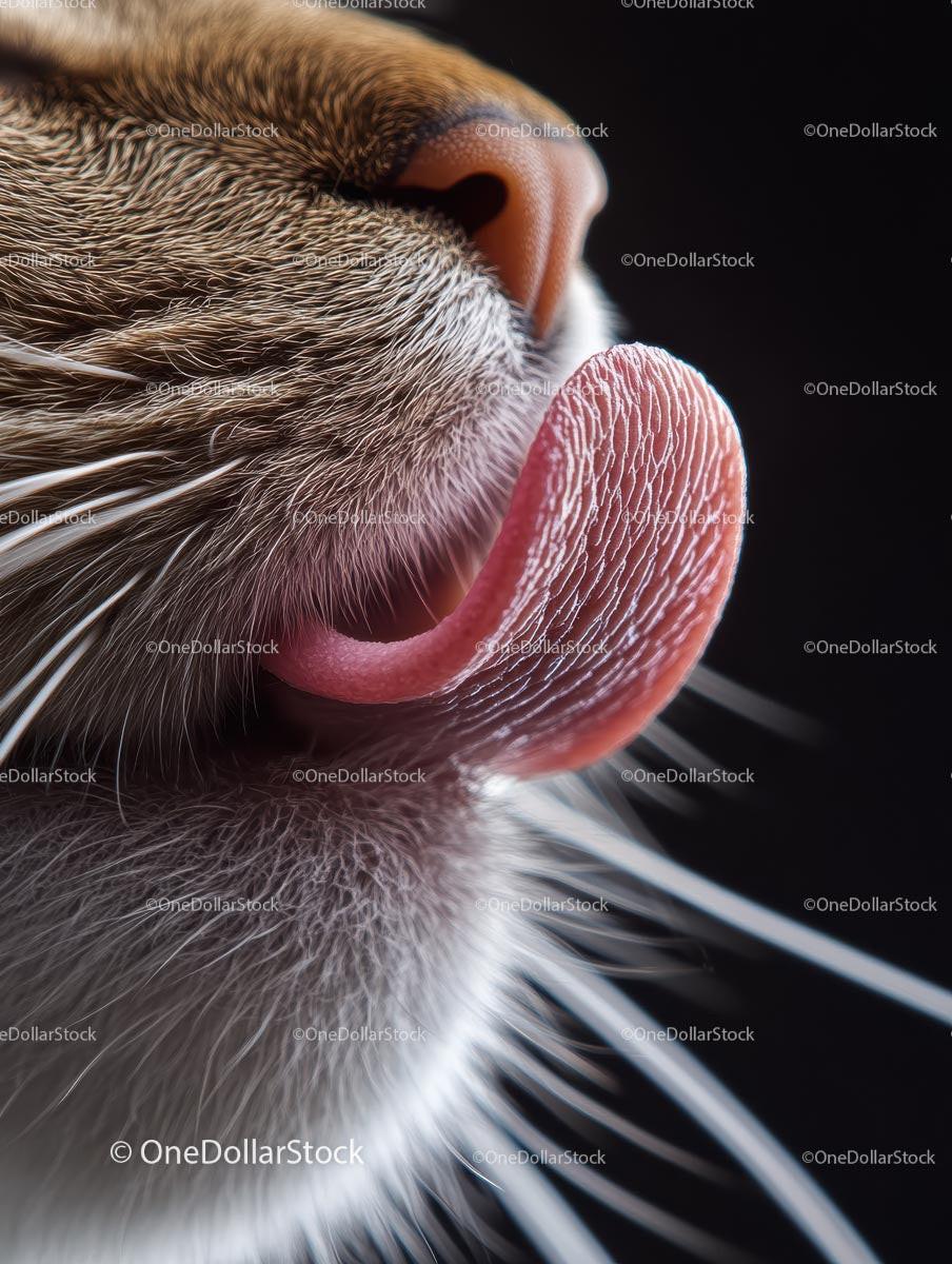 Close-Up of Cat Licking with Whiskers and Pink Tongue