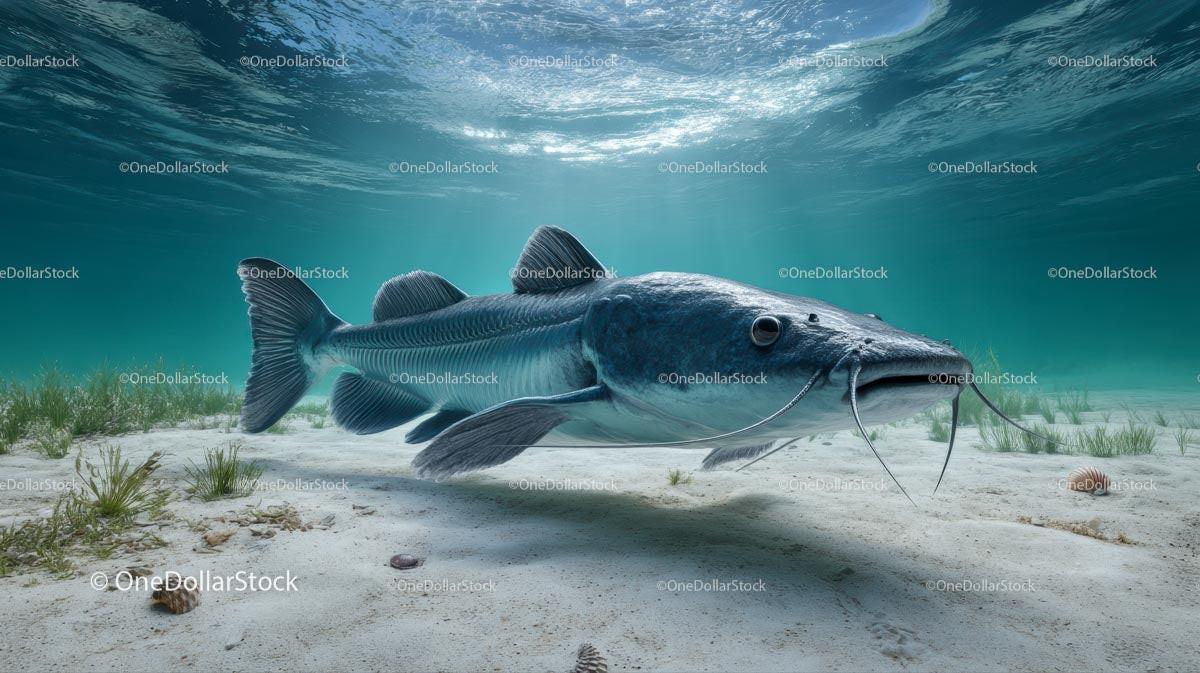 Majestic Catfish Swimming Gracefully on Sandy Riverbed