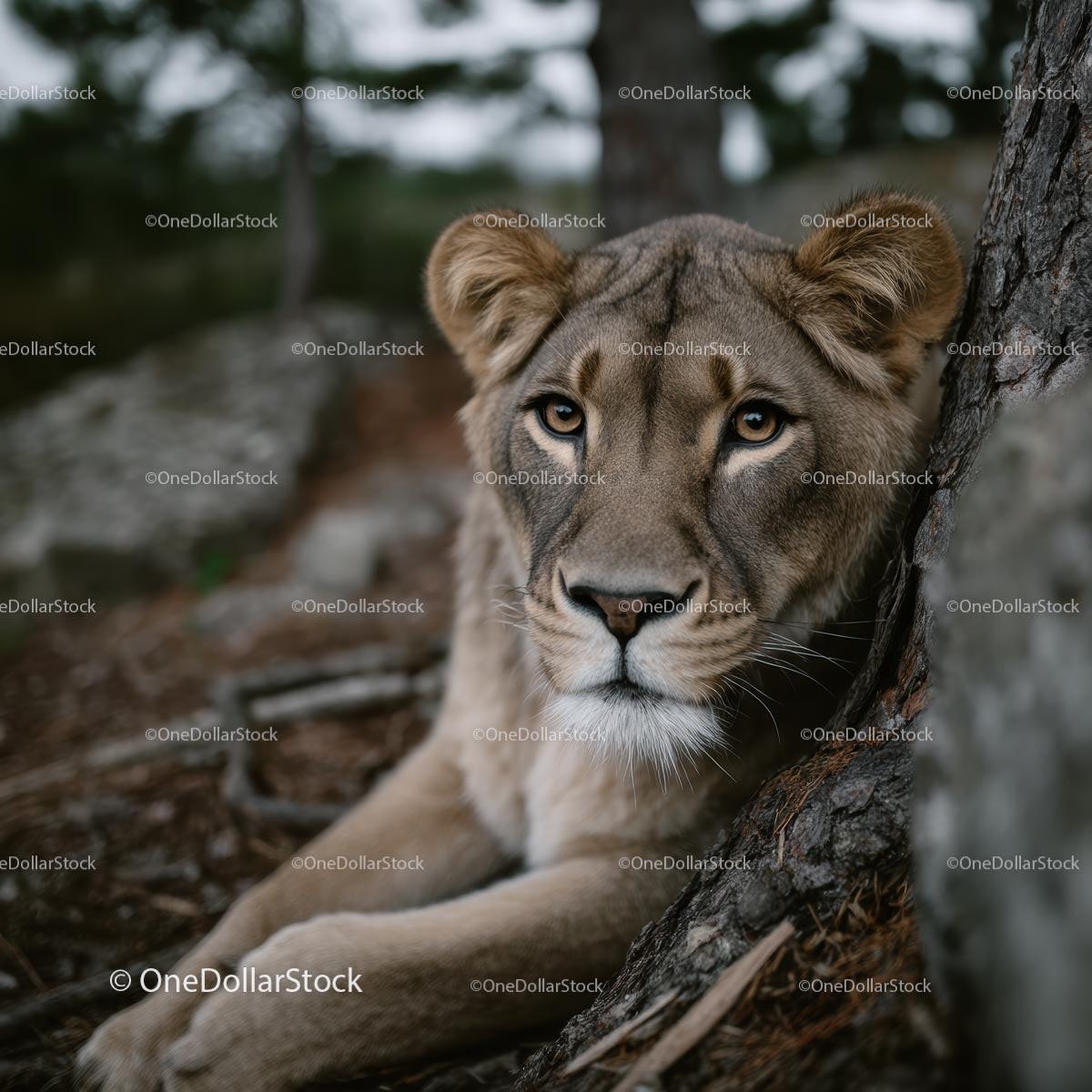 Majestic Lioness Resting by a Tree in the Forest