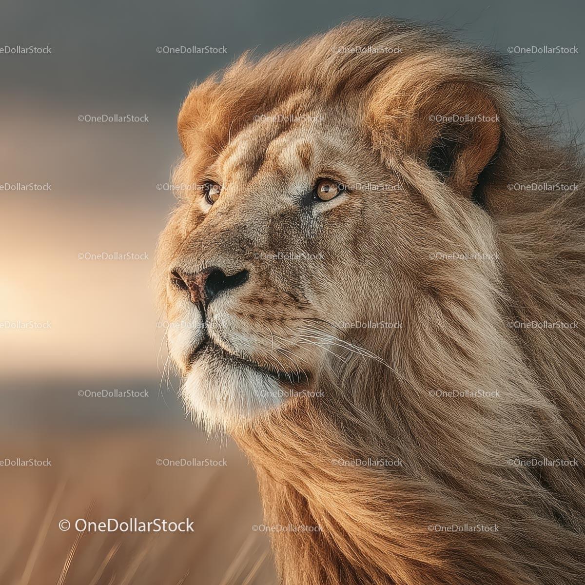Majestic Lion Gazing Across the Savannah at Sunset
