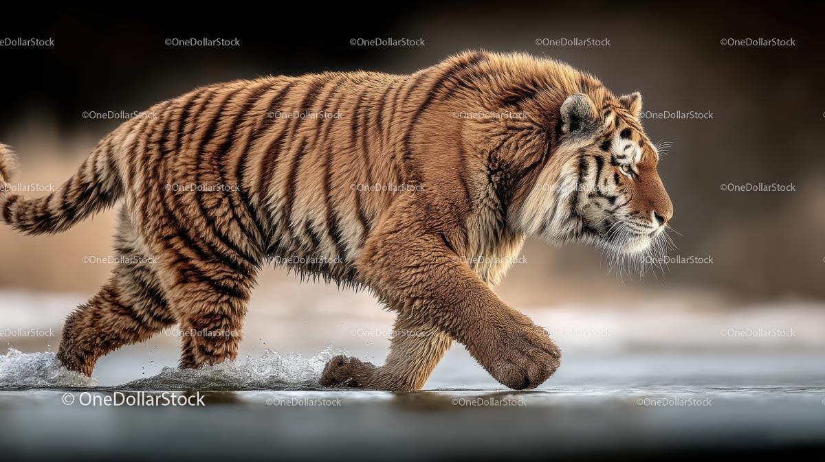 Majestic Tiger Crossing Icy Water in Natural Habitat