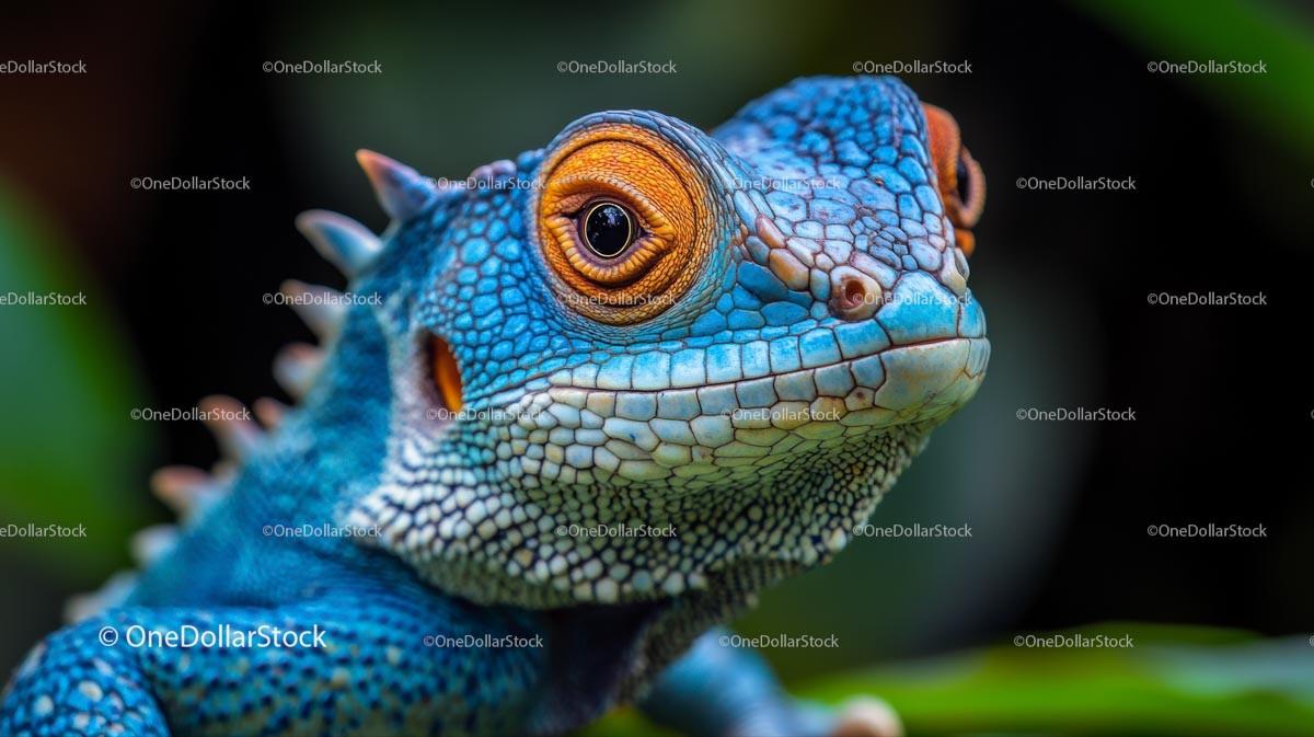 Close-Up of a Blue Lizard with Striking Orange Eyes