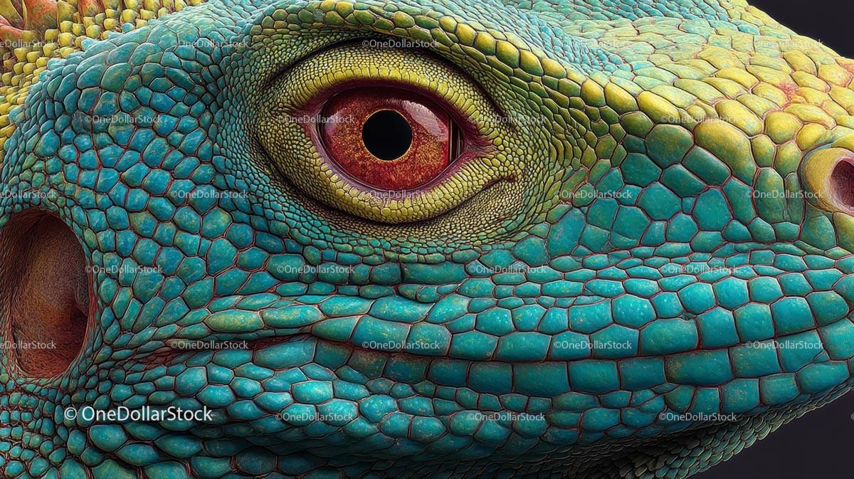 Close-Up of Iguana's Vividly Colored Scales and Eye