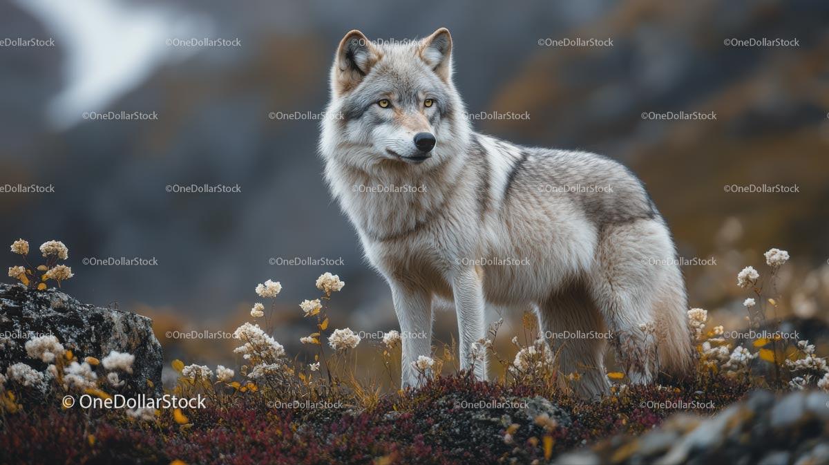 Majestic Grey Wolf Standing in Mountainous Wilderness