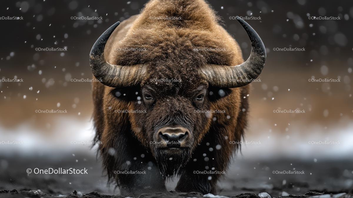 Bison in Snowy Landscape with Majestic Horns