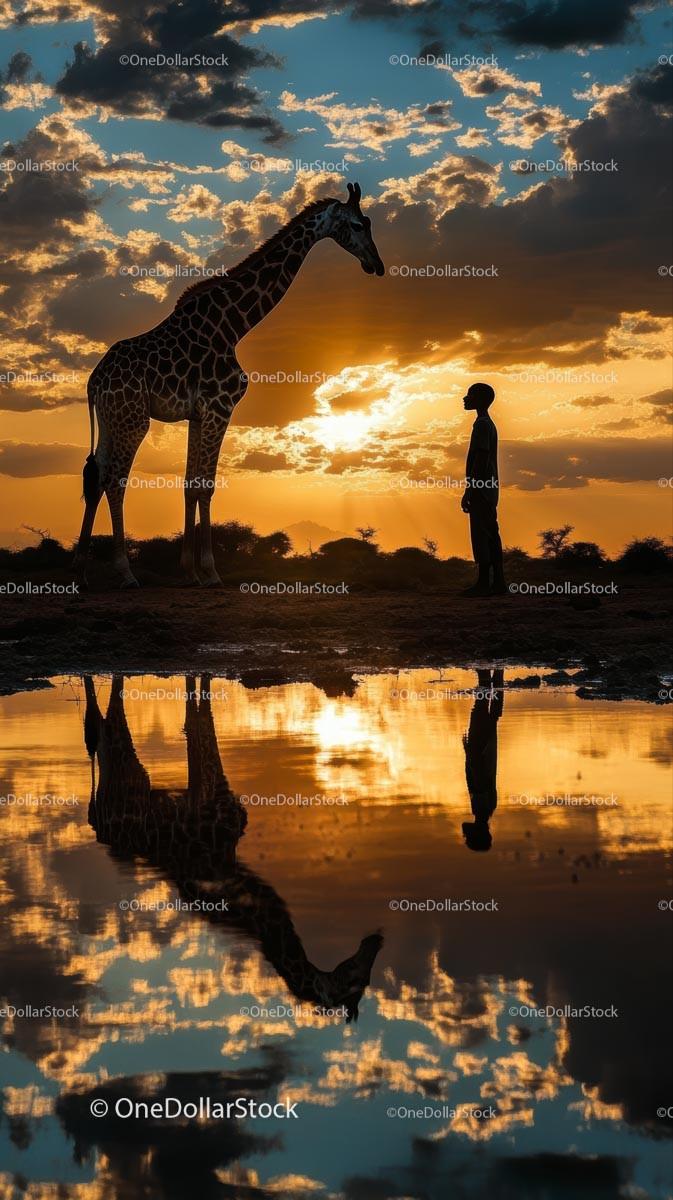 Silhouette of Giraffe and Person at Sunset by Water