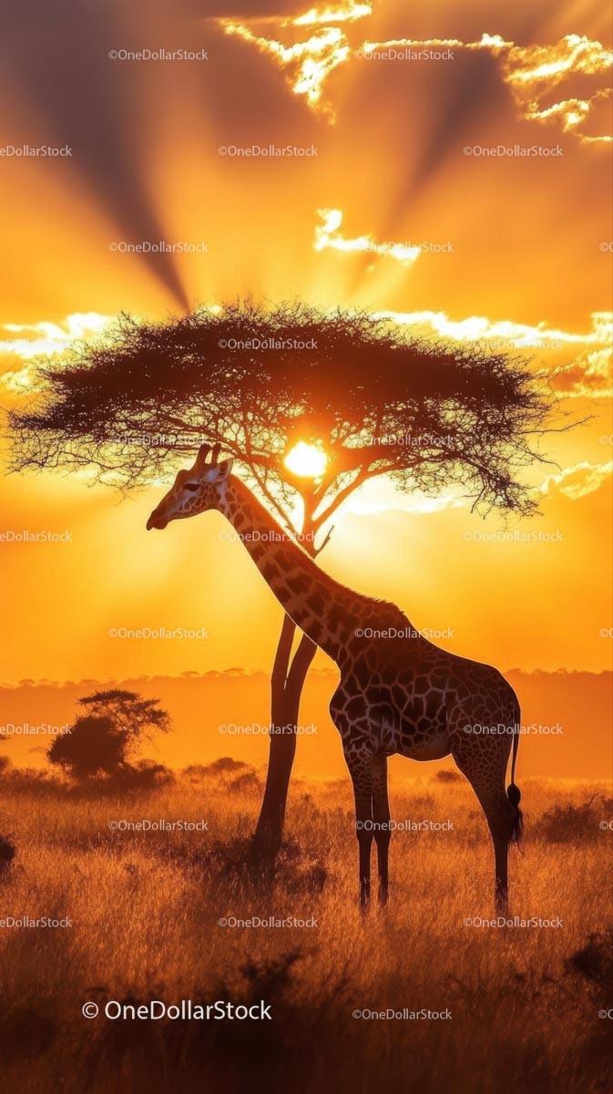 Giraffe Silhouette Against Vibrant African Sunset
