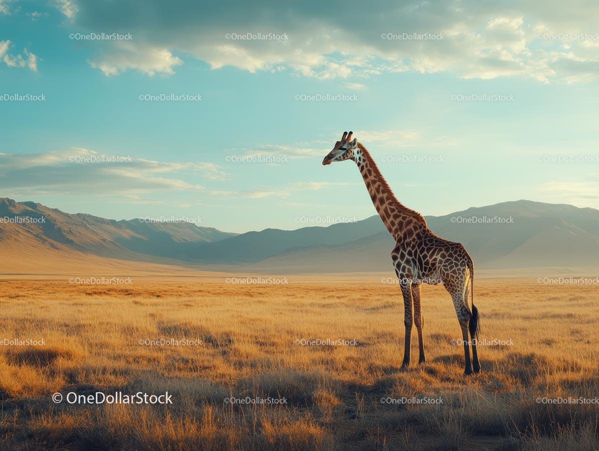Giraffe Standing on Expansive African Savanna at Sunset