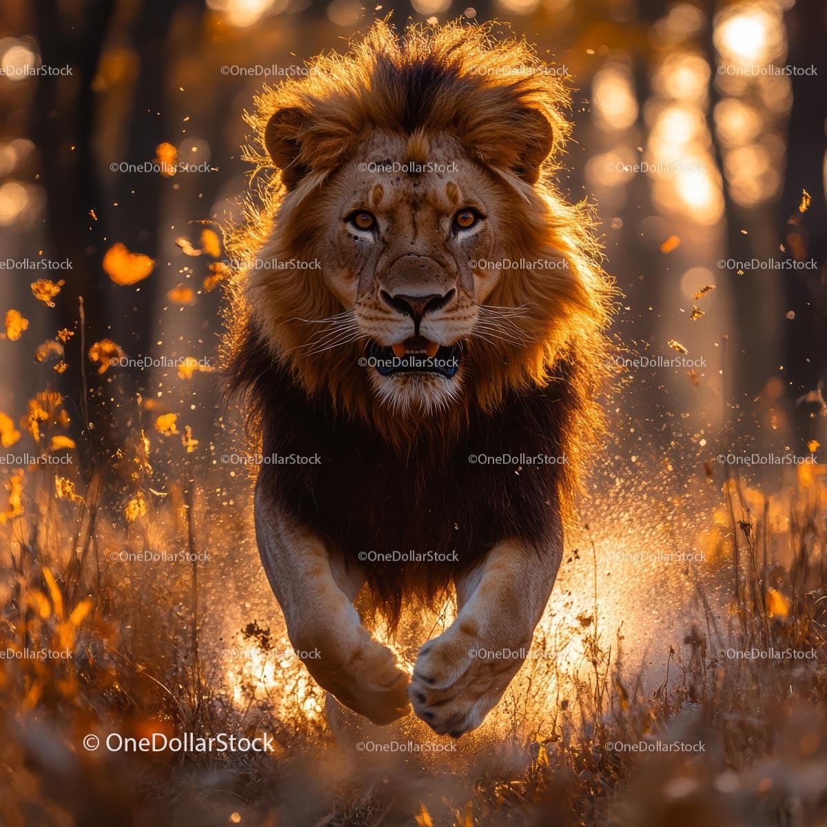 Majestic Lion Running in Glowing Autumn Forest