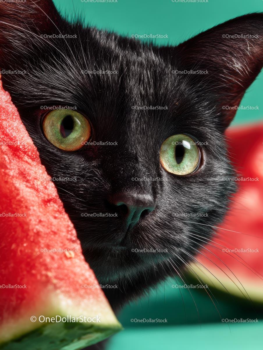 Curious Black Cat with Watermelon Slice