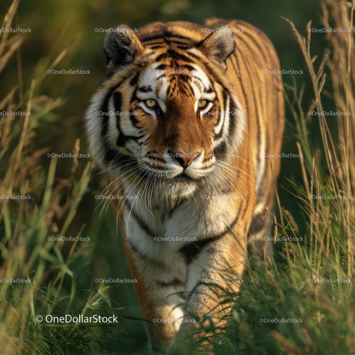 Majestic Tiger Stalking Through Grassy Wilderness