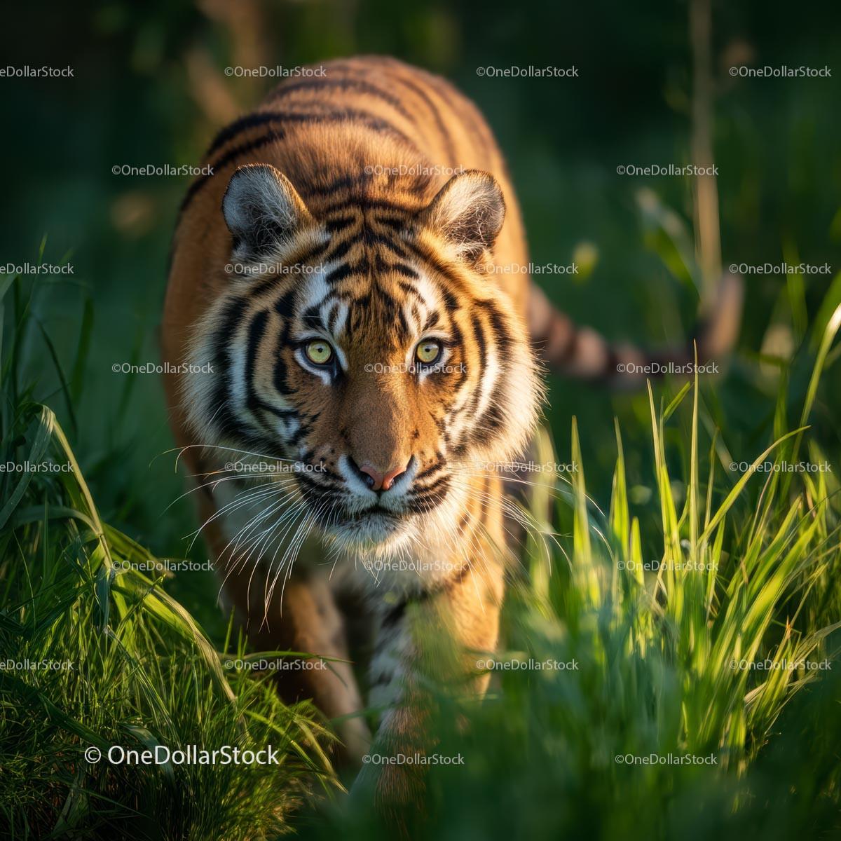 Majestic Tiger Stalking Through Lush Greenery