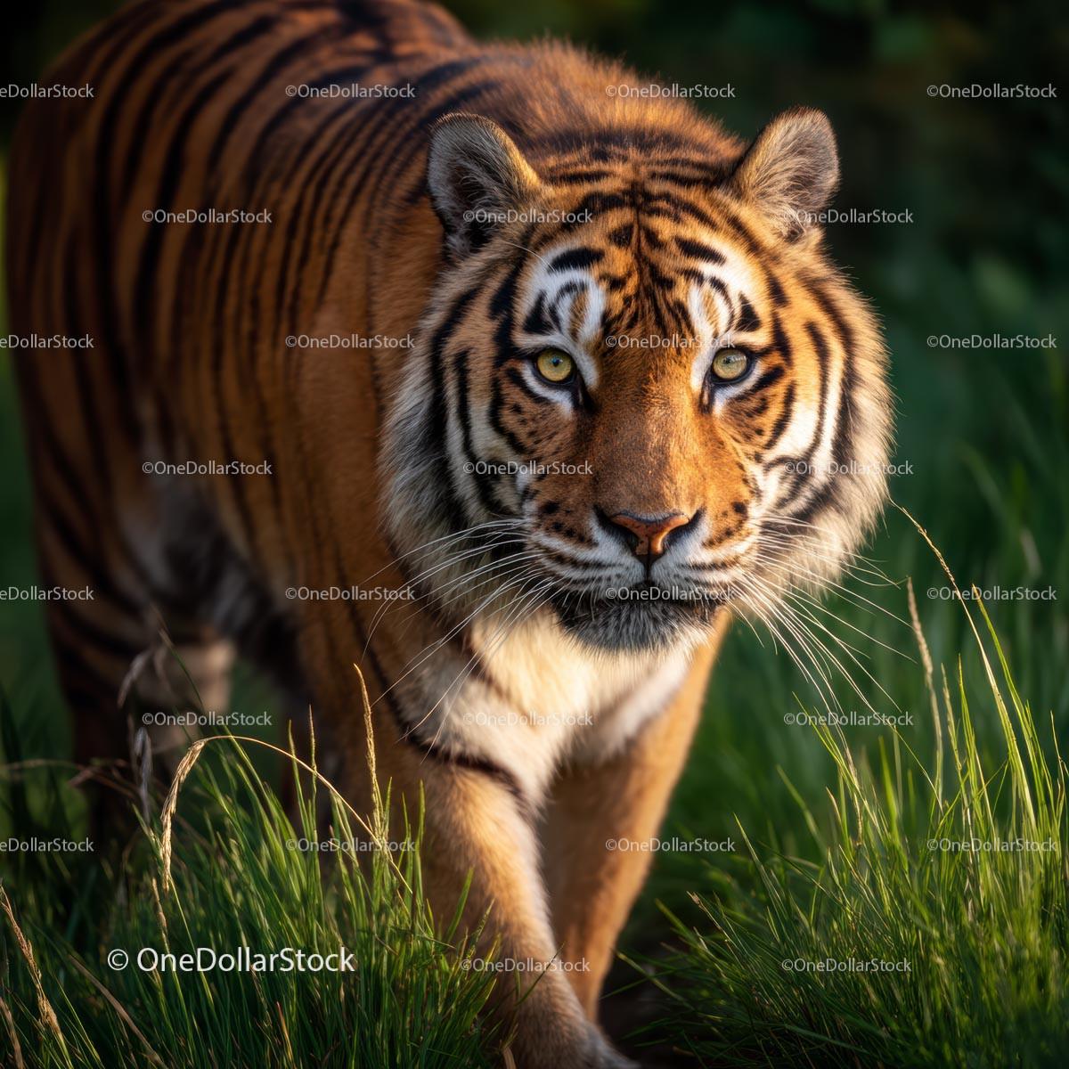 Majestic Bengal Tiger Stalking Through Lush Greenery
