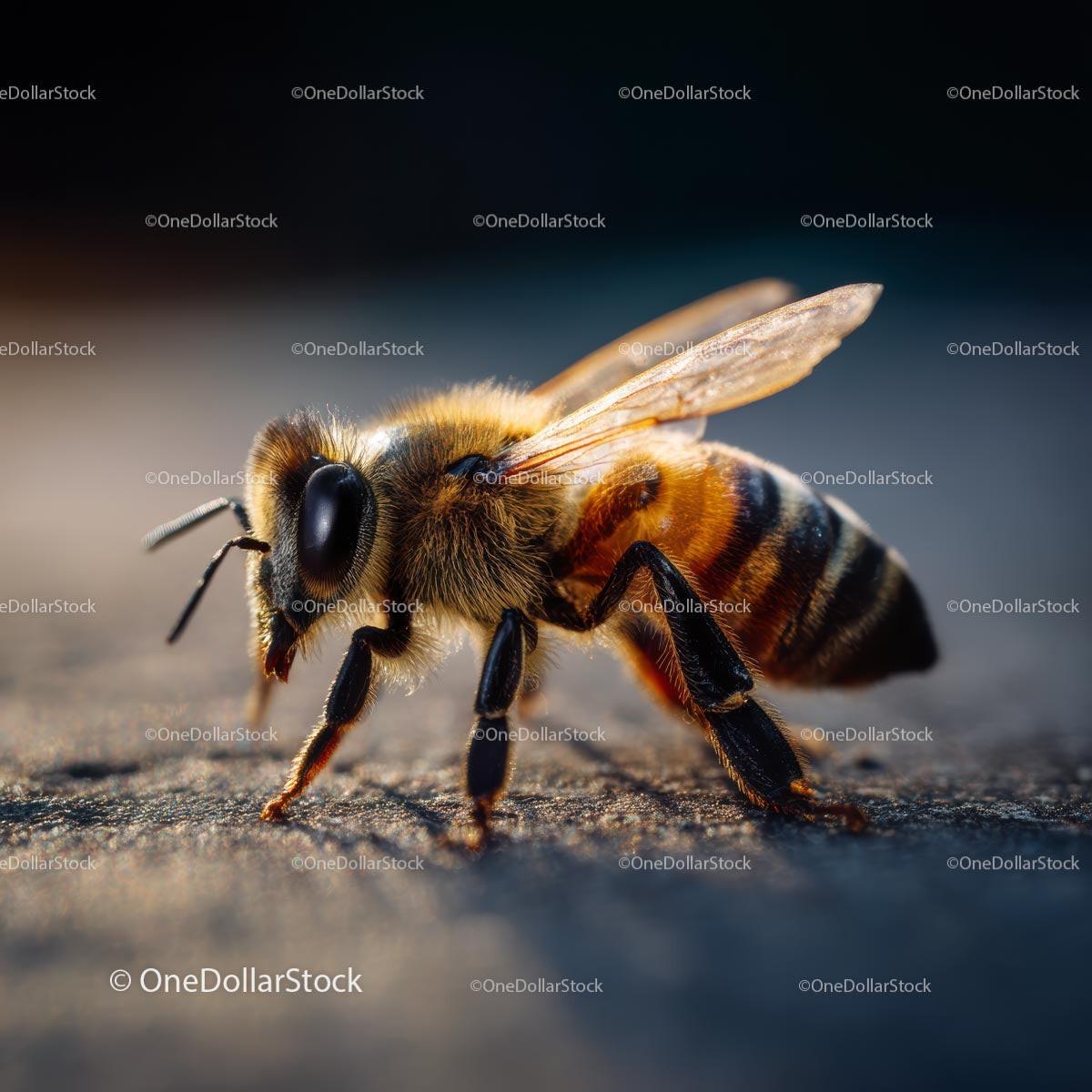 Close-up of a Honeybee on a Sunlit Surface