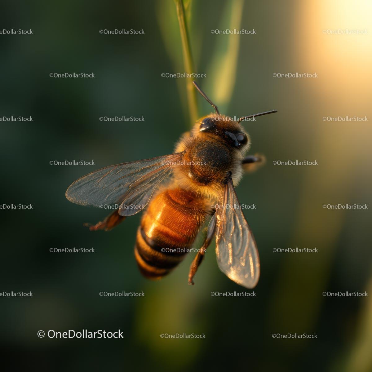 Honeybee in Golden Light Hovering Near Flower