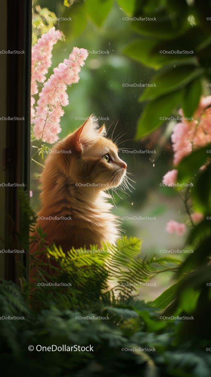 Ginger Cat Gazing Out the Window with Pink Blossoms