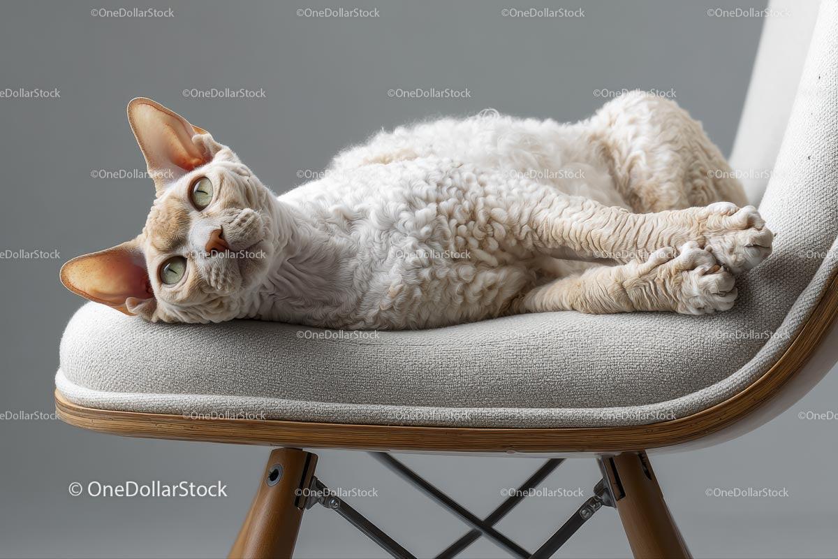 Devon Rex Cat Lounging on a Stylish Chair