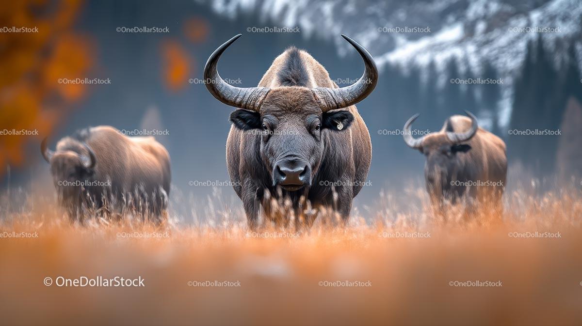 Majestic Bison Grazing in Autumn Grasslands