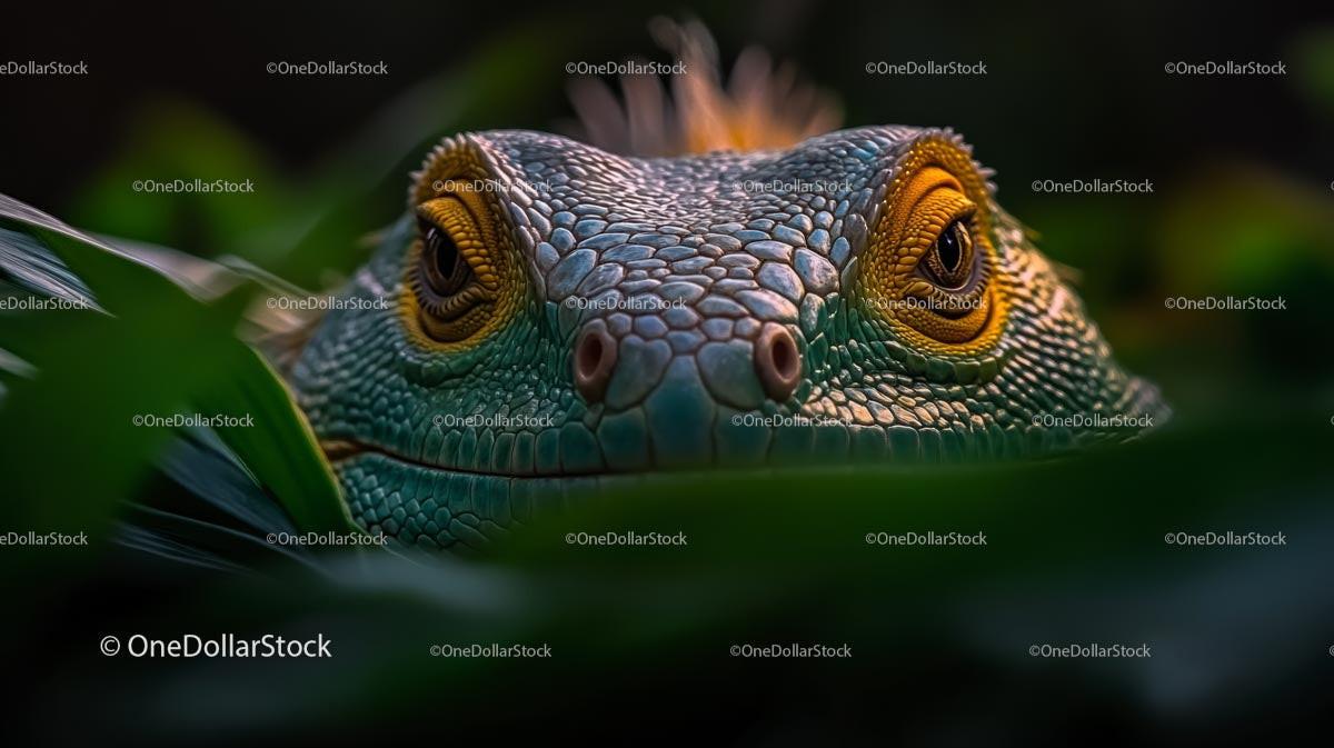 Close-Up of Lizard Peeking Through Green Foliage