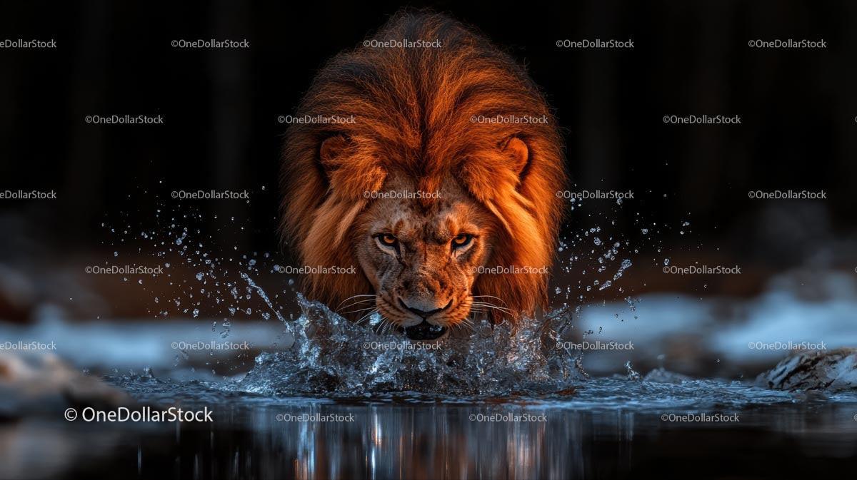 Majestic Lion in Splendid Water Splash