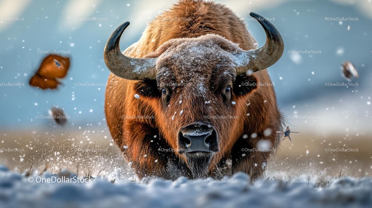 Majestic Bison Charging Through Snowy Landscape