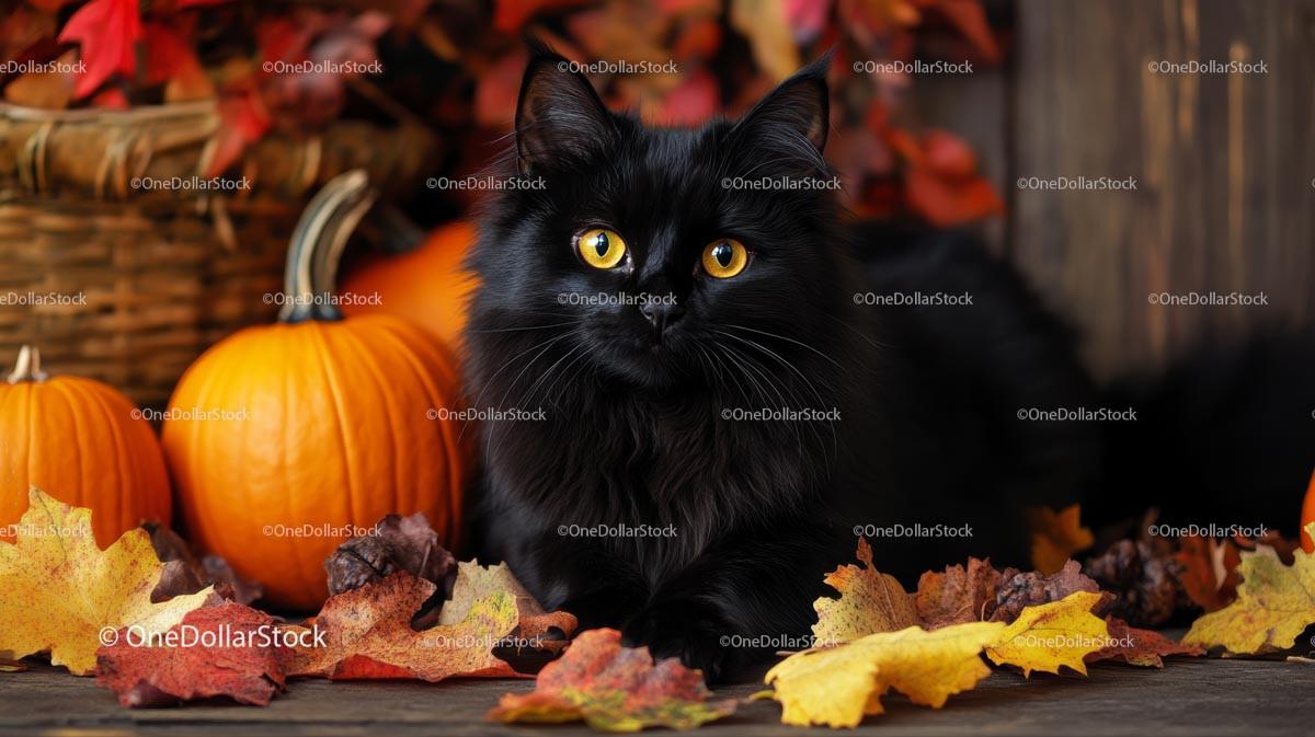 Black Cat and Pumpkins with Autumn Leaves
