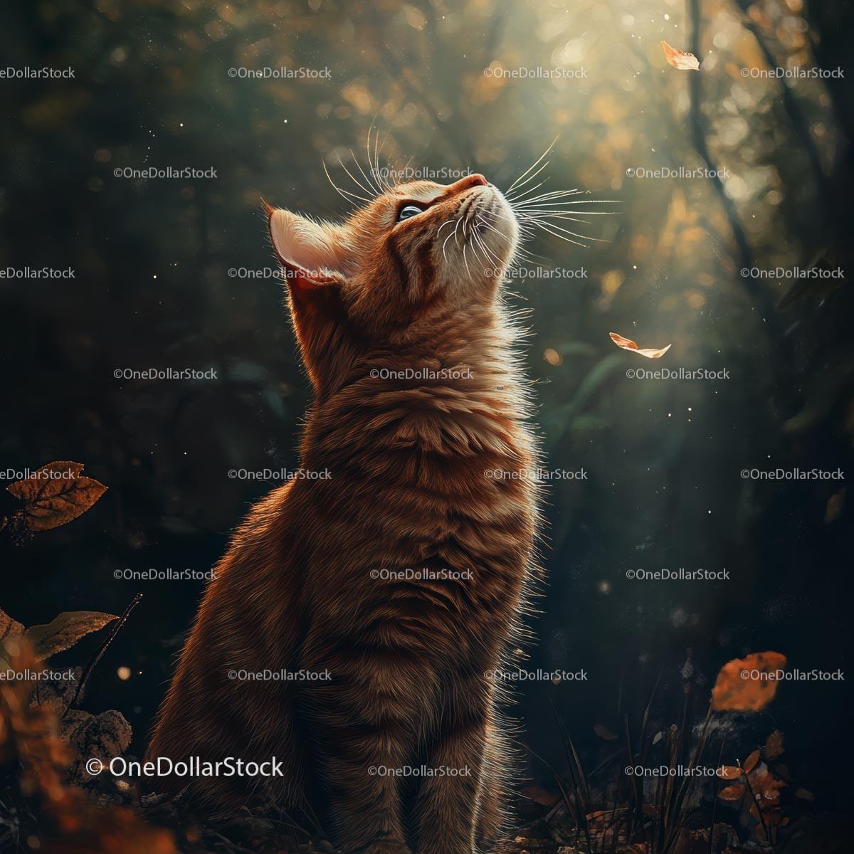 Ginger Cat Gazing Upward in Sunlit Forest