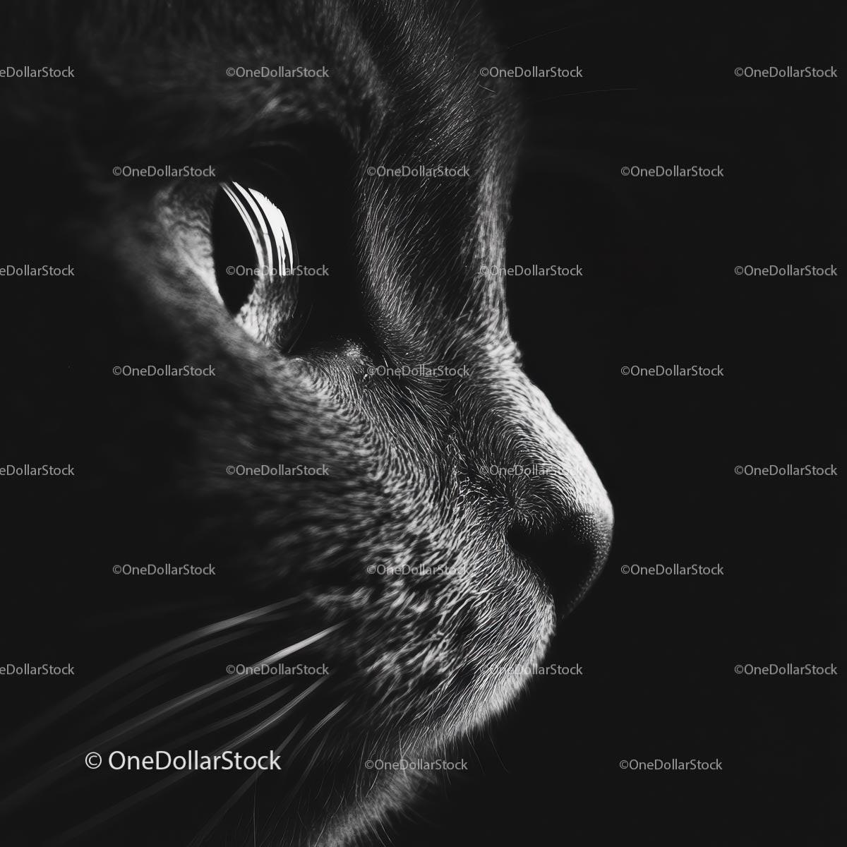 Black and White Close-Up of Cat's Face with Intense Gaze