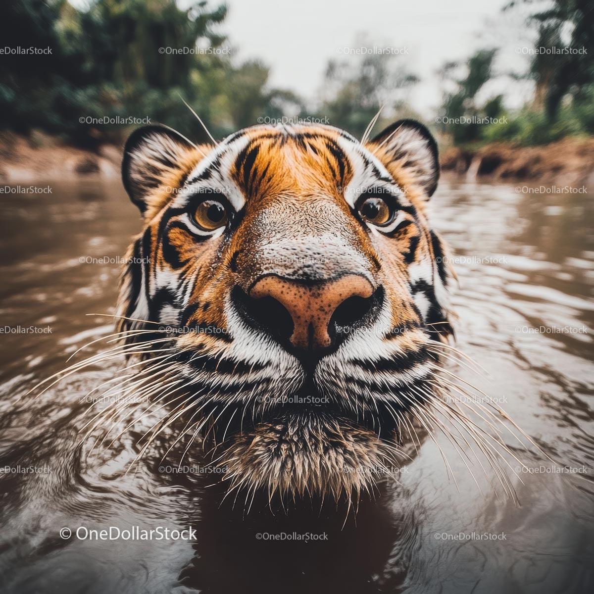 Close-Up of Majestic Tiger Swimming in Natural Habitat