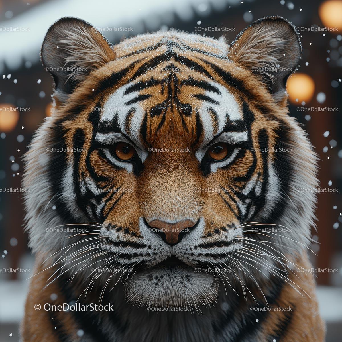 Majestic Tiger in Snowy Winter Scene Close-Up
