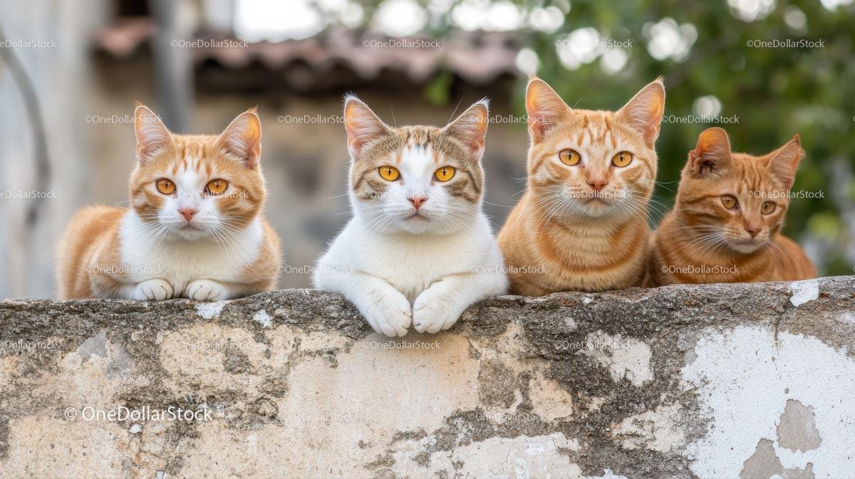 Group of Ginger and White Cats Resting on Stone Wall