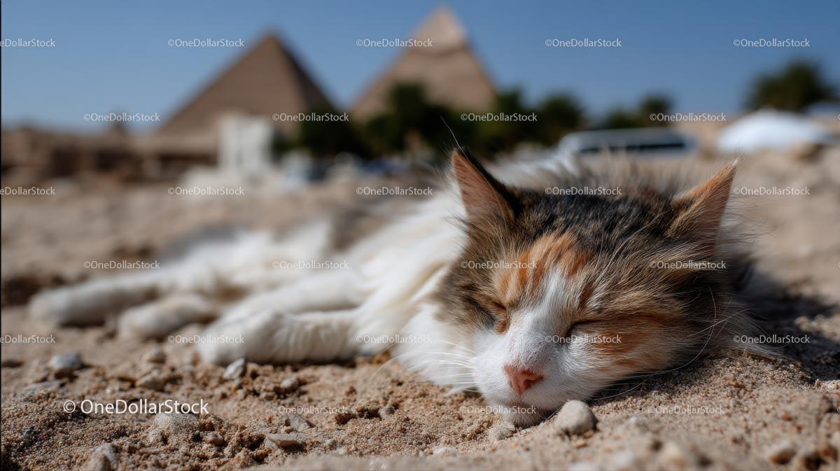 Sleeping Cat on Sand with Egyptian Pyramids in Background