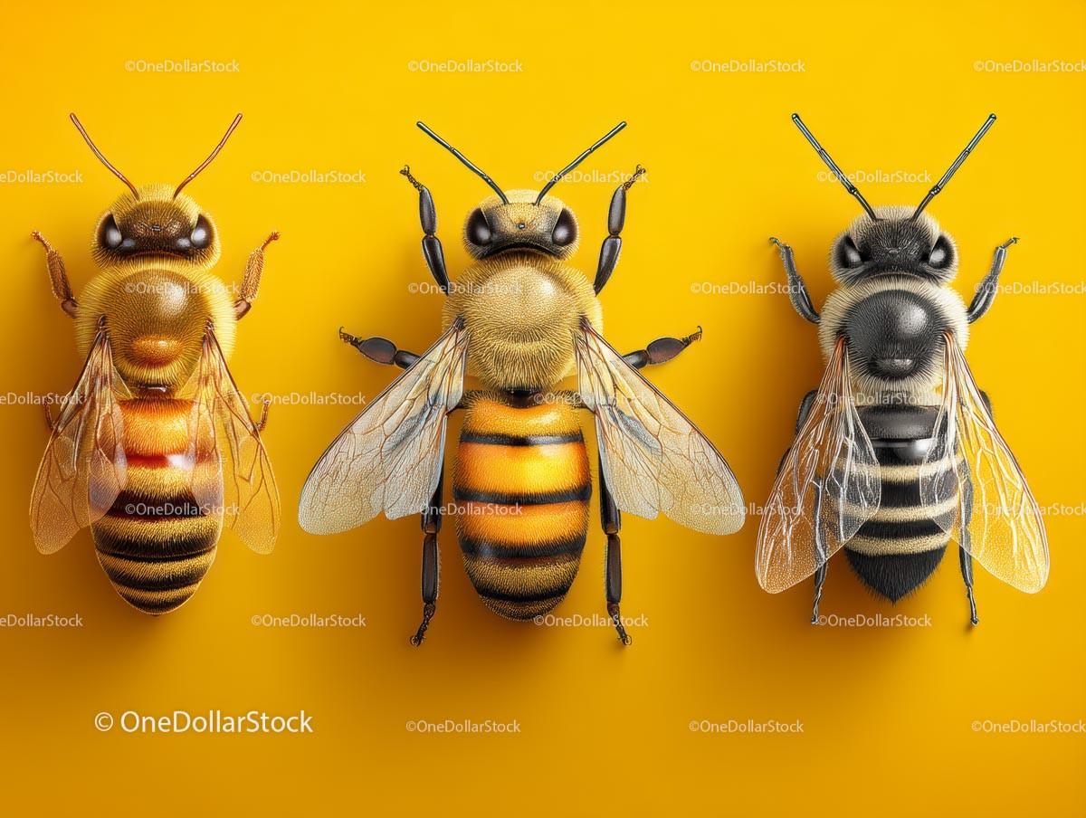 Three Honey Bees on Vibrant Yellow Background