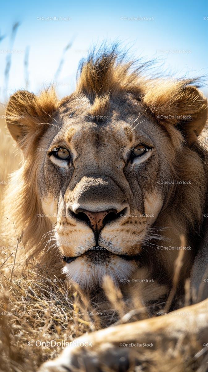 Majestic Lion Resting on African Savannah