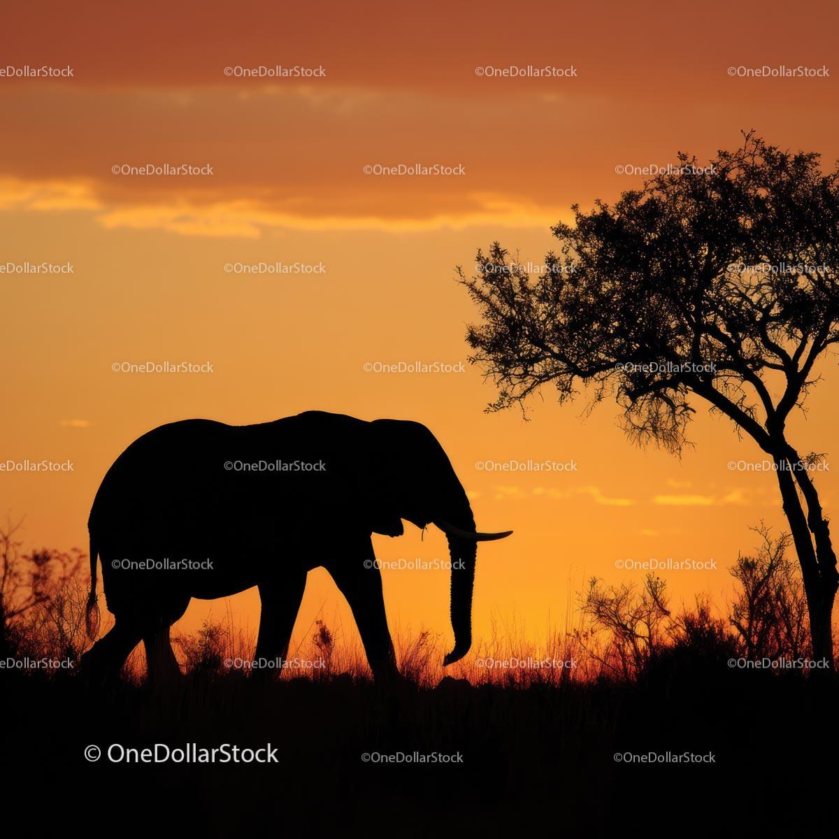 Silhouette of Elephant at Sunset on African Savanna
