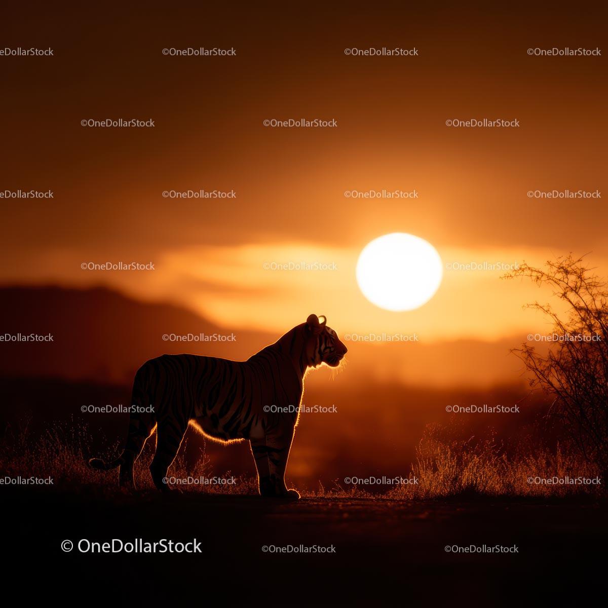 Tiger Silhouette Walking at Sundown in the Wilderness