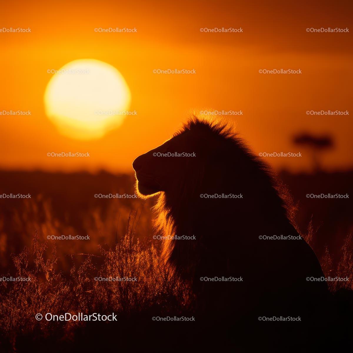 Silhouette of a Majestic Lion at Sunset in the Savannah
