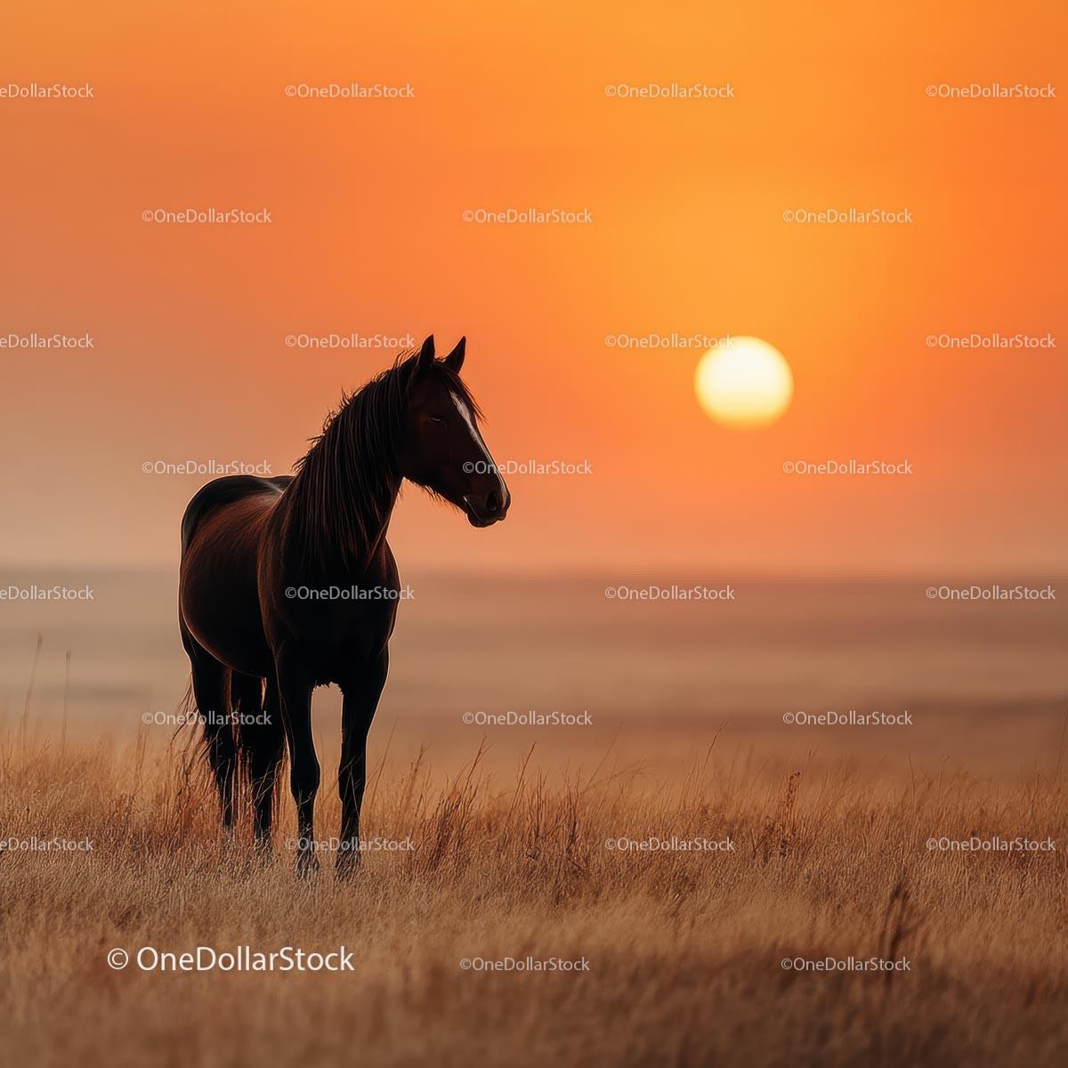 Wild Horse Silhouette against a Vibrant Sunset