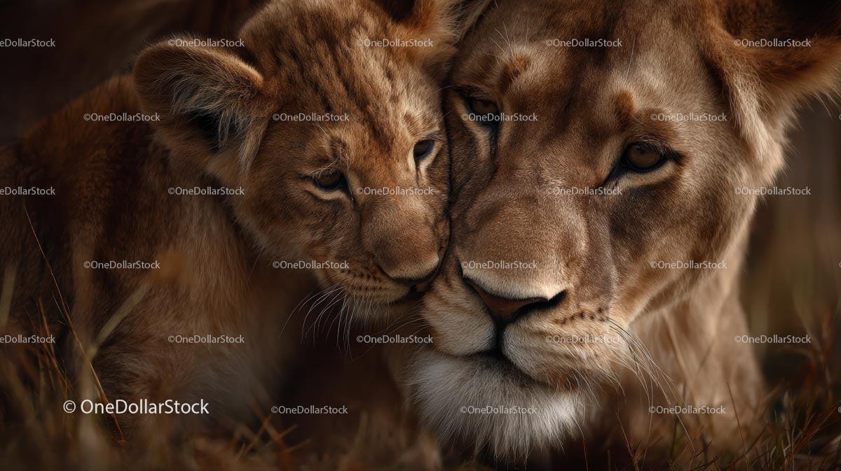 Lion Cub and Mother Embracing in Natural Habitat