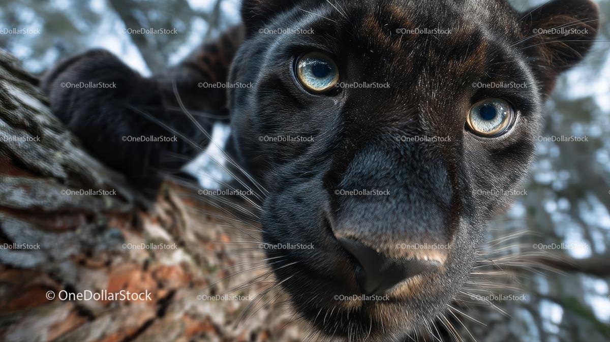 Close-up of Black Panther with Intense Gaze in Forest Setting
