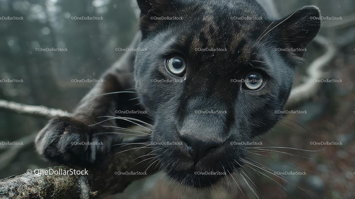 Black Panther with Intense Gaze in Natural Habitat