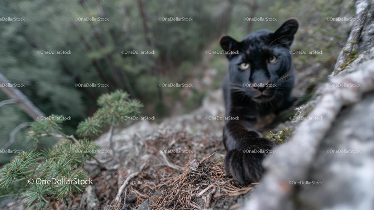 Black Panther Climbing in Lush Forest Habitat