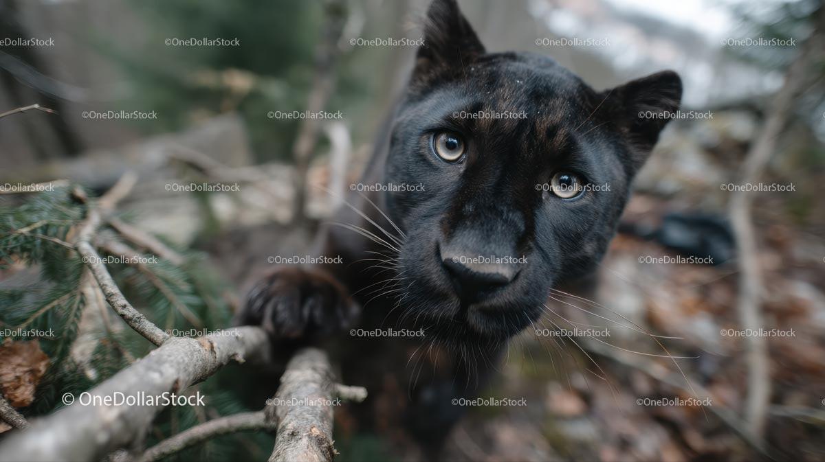 Black Panther Intently Staring in Forest Environment