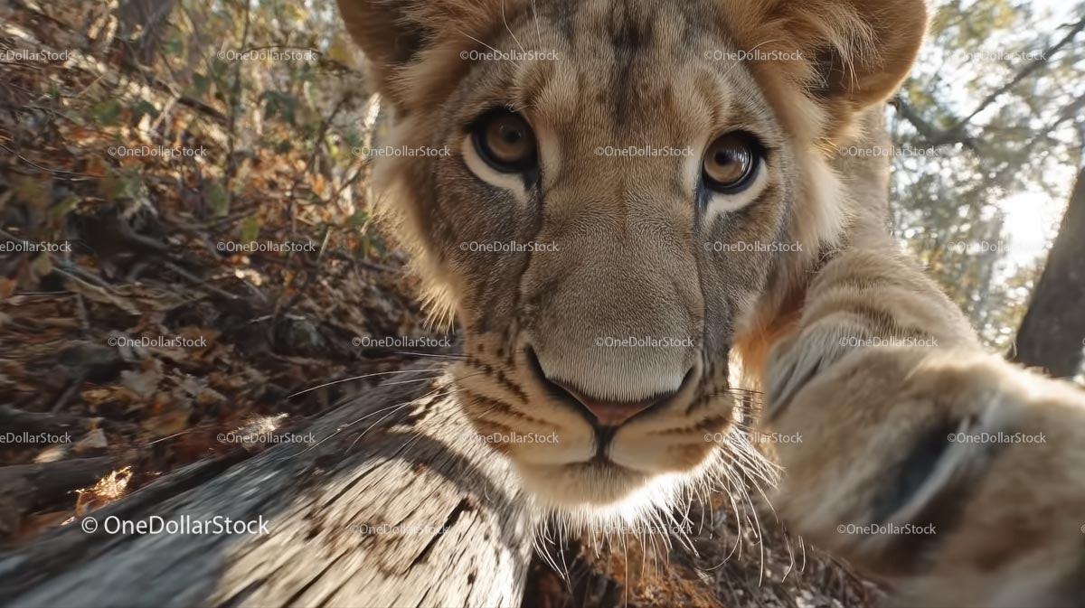 Close-Up of a Playful Young Lion Cub in the Wild