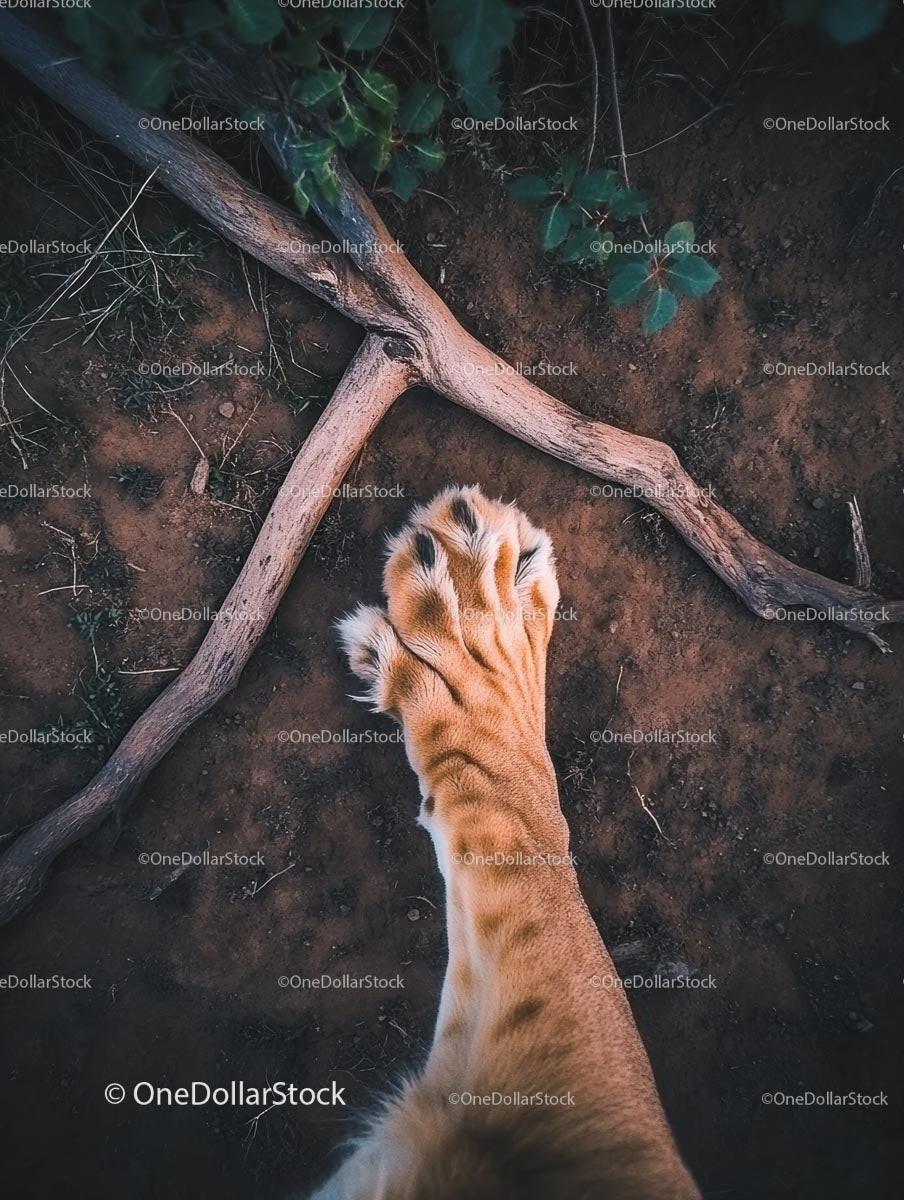 Lion Paw on Forest Ground with Fresh Leaves and Twigs