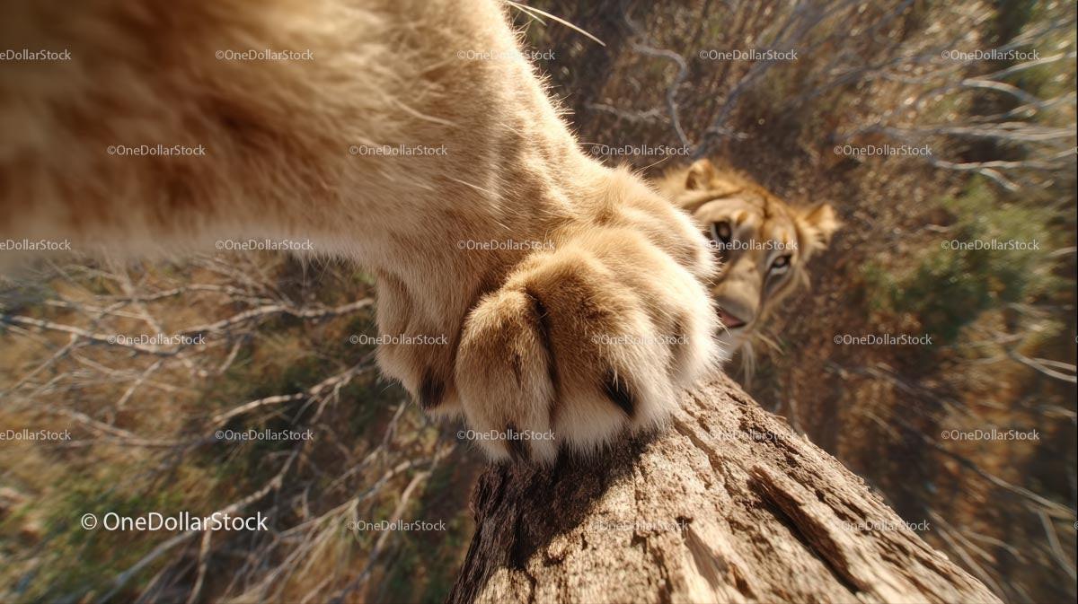 Close-Up of Lioness Paw on Tree Trunk in Wilderness