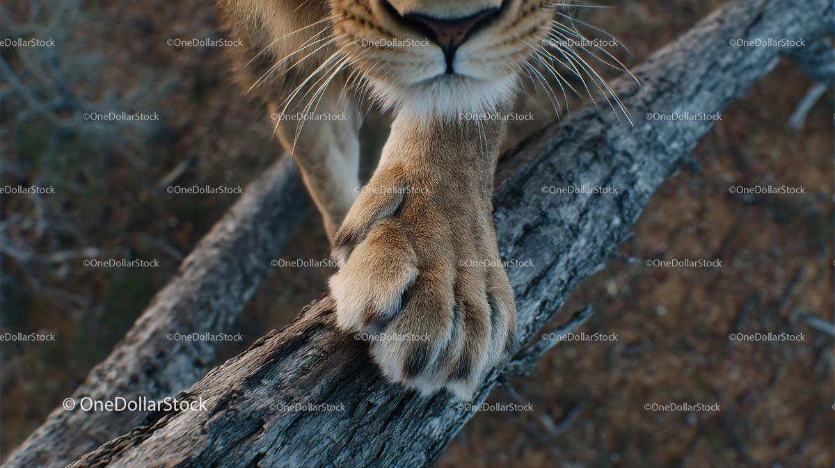 Close-Up of Lion Paw on Tree Trunk in the Wilderness