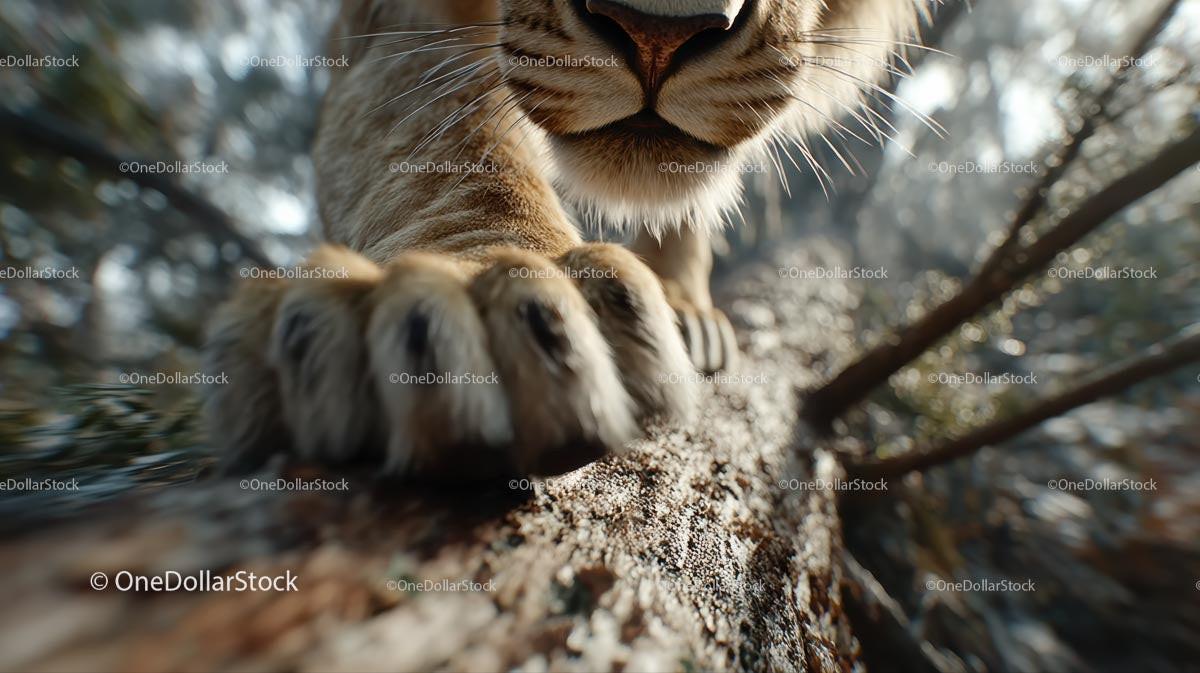 Close-Up of Lion Cub's Paw on Forest Log